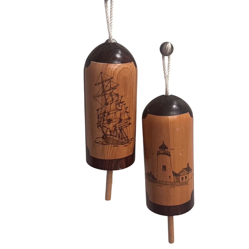 Vintage Hand Made Nautical Wood Buoy Decor Set Lighthouse Sailboat Maritime Art - Picture 2 of 10